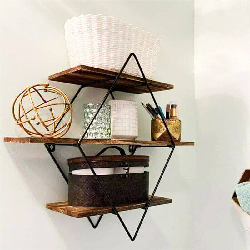 3‑Tier Floating Wall Shelf – Wooden & Black Metal Frame Display Unit