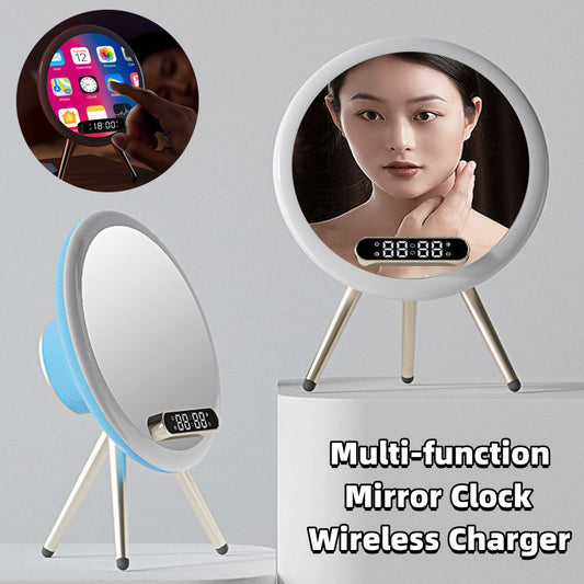LED Mirror Alarm Clock – Wireless Charger, Digital Time, USB